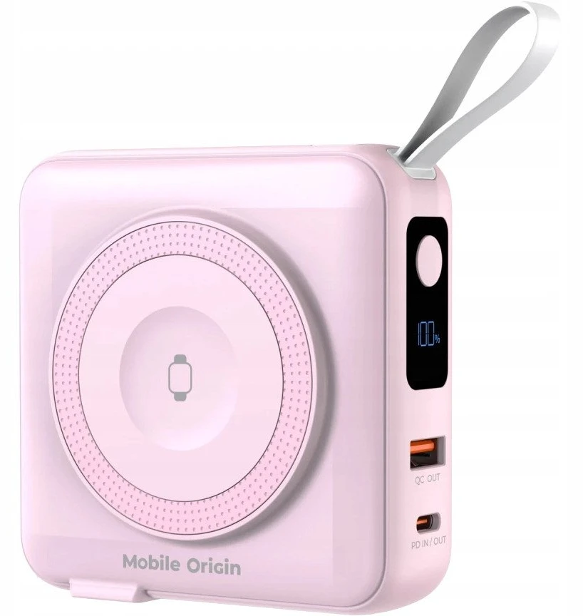„Mobile Origin“ nešiojamoji baterija ir kelioninis įkroviklis, „Lightning“ / USB-C“ laidas, suderinamas su „MagSafe“ / „AW“ / „iPhone“, rožinis