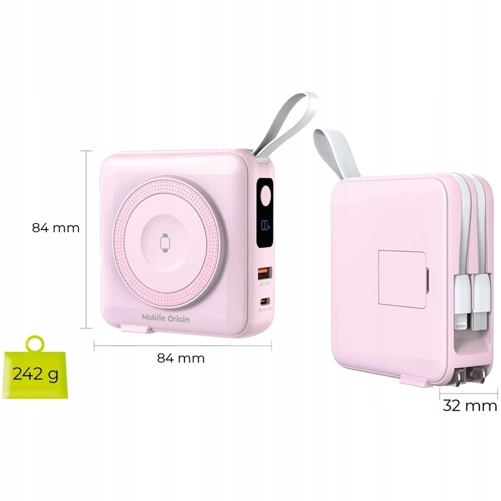 „Mobile Origin“ nešiojamoji baterija ir kelioninis įkroviklis, „Lightning“ / USB-C“ laidas, suderinamas su „MagSafe“ / „AW“ / „iPhone“, rožinis