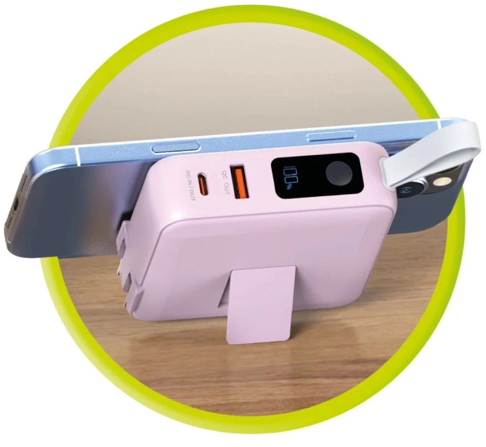 „Mobile Origin“ nešiojamoji baterija ir kelioninis įkroviklis, „Lightning“ / USB-C“ laidas, suderinamas su „MagSafe“ / „AW“ / „iPhone“, rožinis