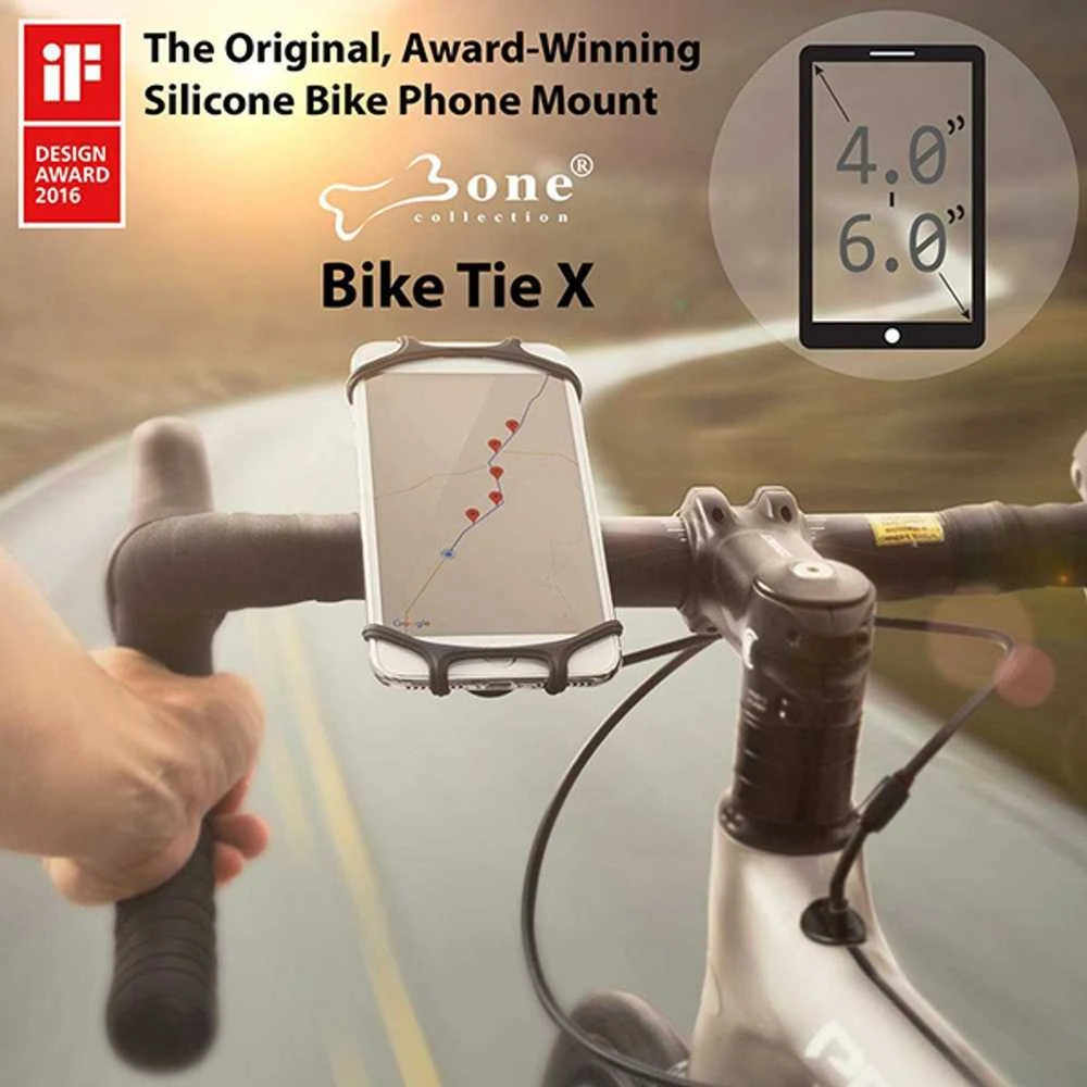 „Bone Bike Tie X“ mobiliojo telefono laikiklis, dviračio laikiklis, reguliuojamas dydis, juodas, 4–6 colių, silikonas, vairo laikiklis, juodas