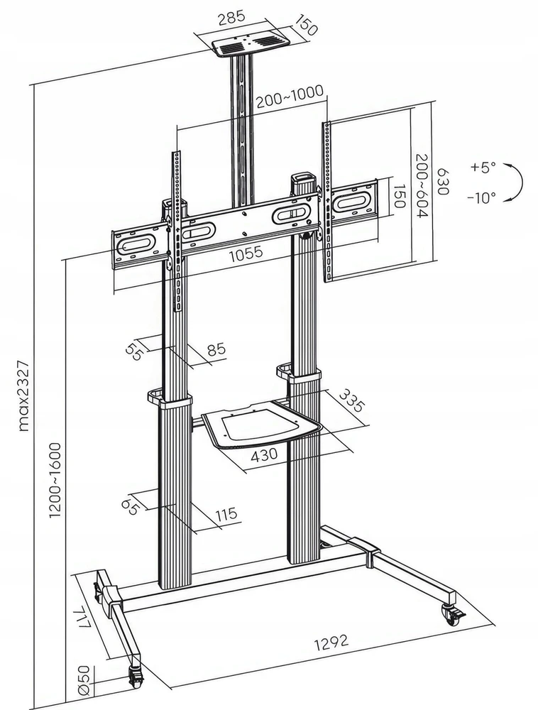 Mobilusis stovas + televizoriaus laikiklis ART 60-100 colių 100 kg S-15-AL Vesa max 1000x600, itin tvirtas