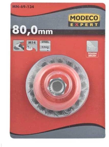Šveitimo šepetys puodo tipo, kampiniam šlifuokliui, susuktos vielos (plienas) M14 Modeco Expert | d- 80 mm