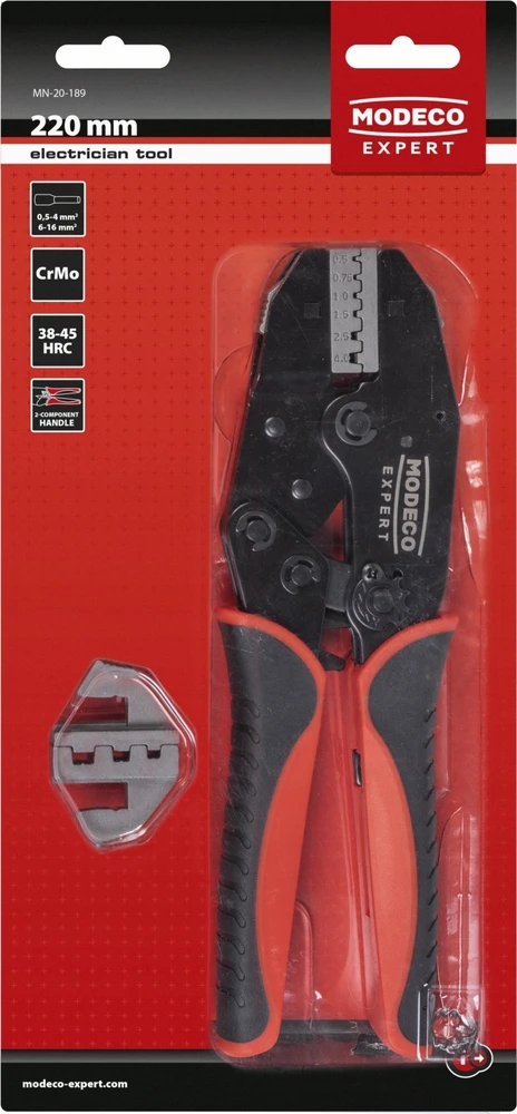 Modeco Žiedinių antgalių užspaudimo replės 0,5–4 mm² 6–16 mm² 220 mm CRMO TPR MN-20-189