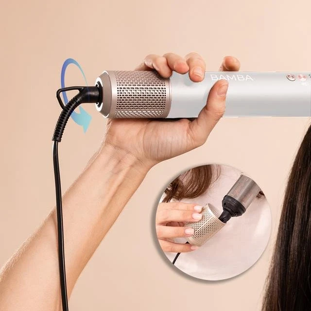 8 viename Cecotec Bamba CeramicCare AirGlam šampano spalvos plaukų suktukas ir džiovintuvas