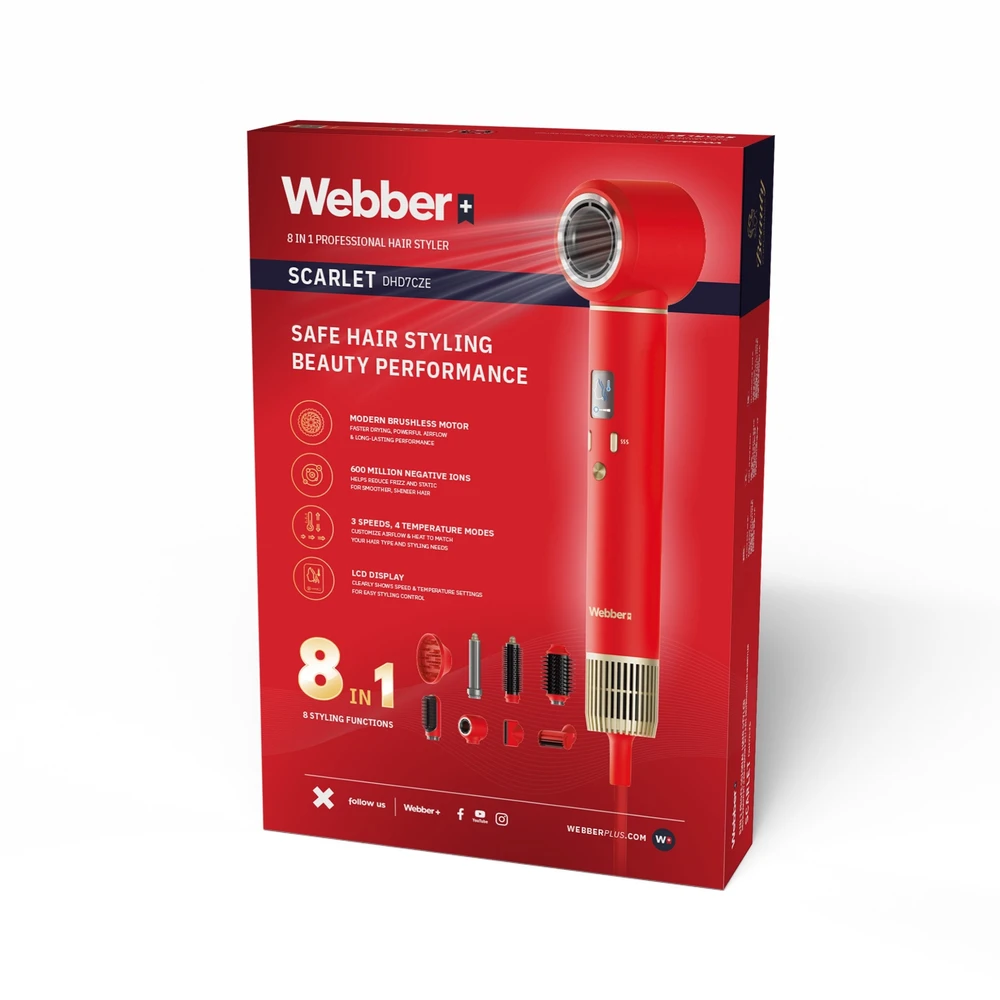 Modeliavimo šepetys Webber Džiovintuvas Garbanojimo žnyplės do Włosów 8w1 DHD7 Jonizacja BLDC Dyfuzor 1300W LCD (05DHD7CZ)