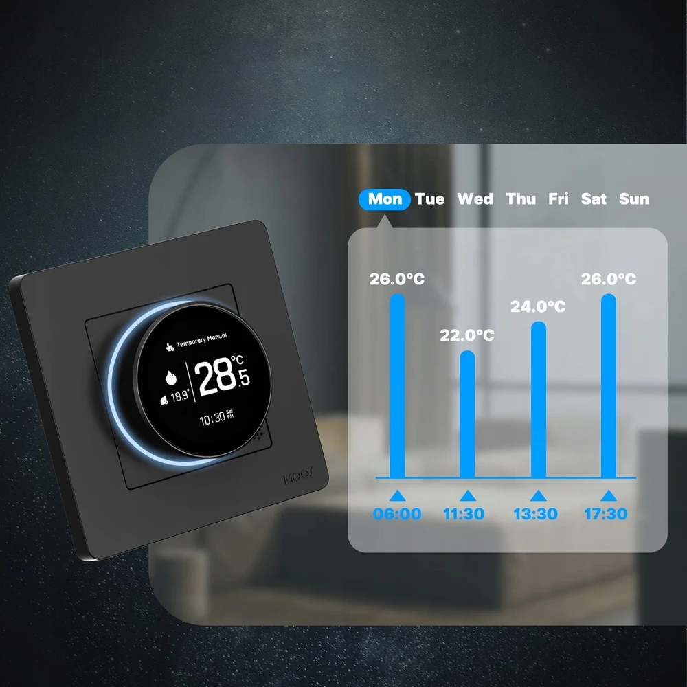 Moes Išmanus, sieninis termostatas dujų/vandens katilui valdyti, su ratuku, baltas, ZigBee, TUYA