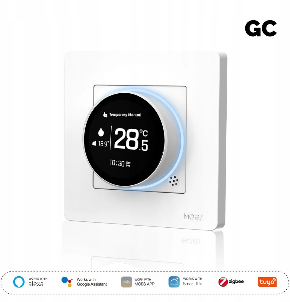 Moes Išmanus, sieninis termostatas dujų/vandens katilui valdyti, su ratuku, baltas, ZigBee, TUYA