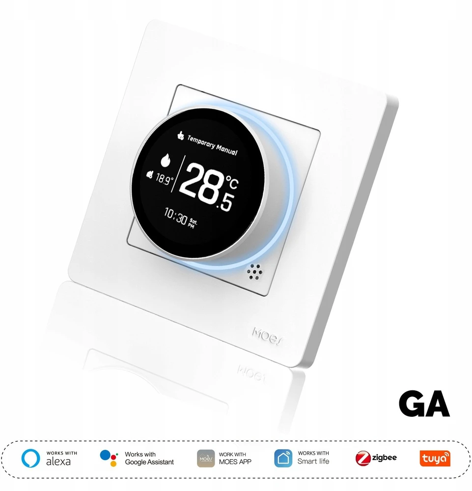 Moes Išmanus, sieninis termostatas grindų termo pavaroms su ratuku, baltas, ZigBee, TUYA