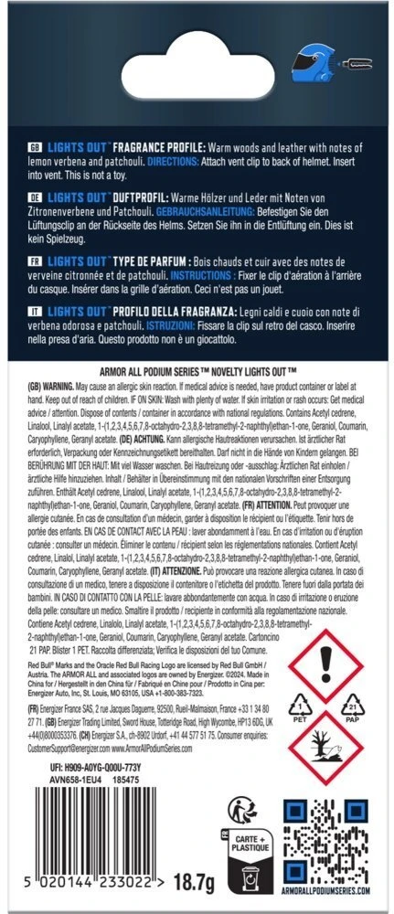 Moje Auto ARMORALL RedBull Kvapas Lights Out F1 šalmas į groteles 18,7g