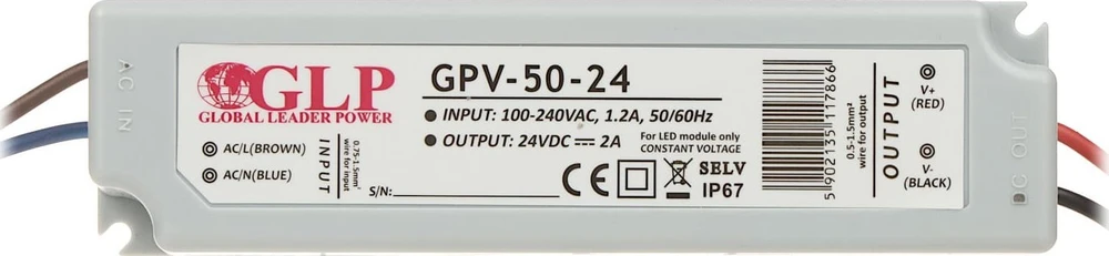 50W LED Maitinimo šaltinis GLP 24V IP67
