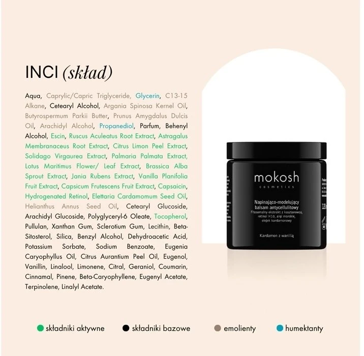 Mokosh Stangrinantis ir modeliuojantis anticeliulitinis balzamas su kardamonu ir vanile, 120 ml