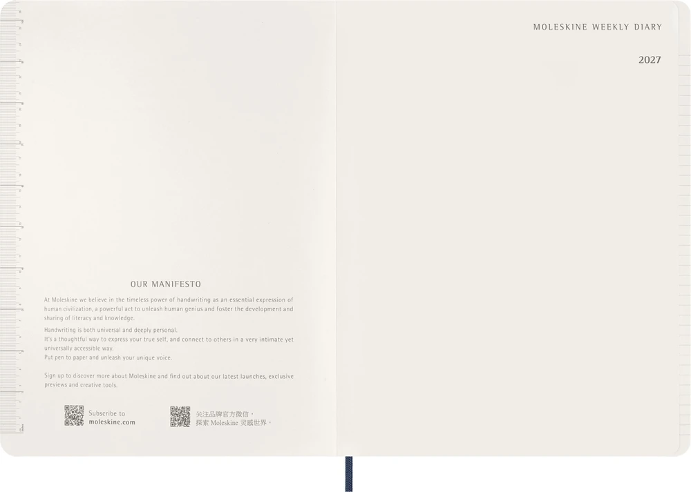 Moleskine savaitinis vertikalus kalendorius 2027, 13M, XXL, 23,5x28cm, minkšti viršeliai, safyro mėlyna (MS-9278847)