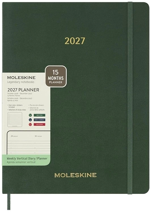 Moleskine savaitinis vertikalus kalendorius 2027, 13M, XXL, 23,5x38cm, minkšti viršeliai, myrtle žalias (MS-9278854)