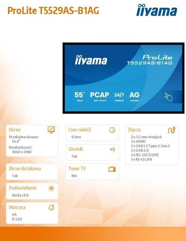 „Iiyama“ 55 colių „viskas viename“ monitorius su „Android 14“ operacine sistema, 20 taškų jutikliniu ekranu, 3840 x 2160 raiška, 4K UHD raiška, apsauga nuo akinimo, garsiakalbiai, 2 HDMI + USB-C (DP-Alt), 450 cd/m² / 4 GB RAM / 32 GB atminties, RS232C, 2 USB 2.0, LAN, WIFI, veikimas visą parąiiSignage2