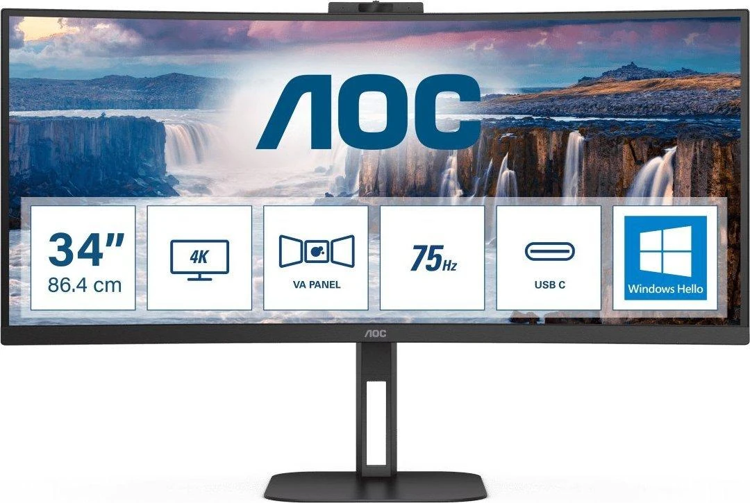 Monitorius AOC CU34V5CW 34 colių UWQHD VA CURVED TURI WEBCAM DP/HDMI/USB-C PD 65W