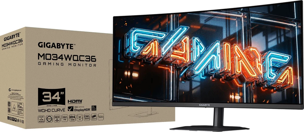 Monitorius Gigabyte MO34WQC36 - 360Hz | UWQHD | RGB V-Stripe QD-OLED | 34" | HDR500 | KVM | HDMI 2.1