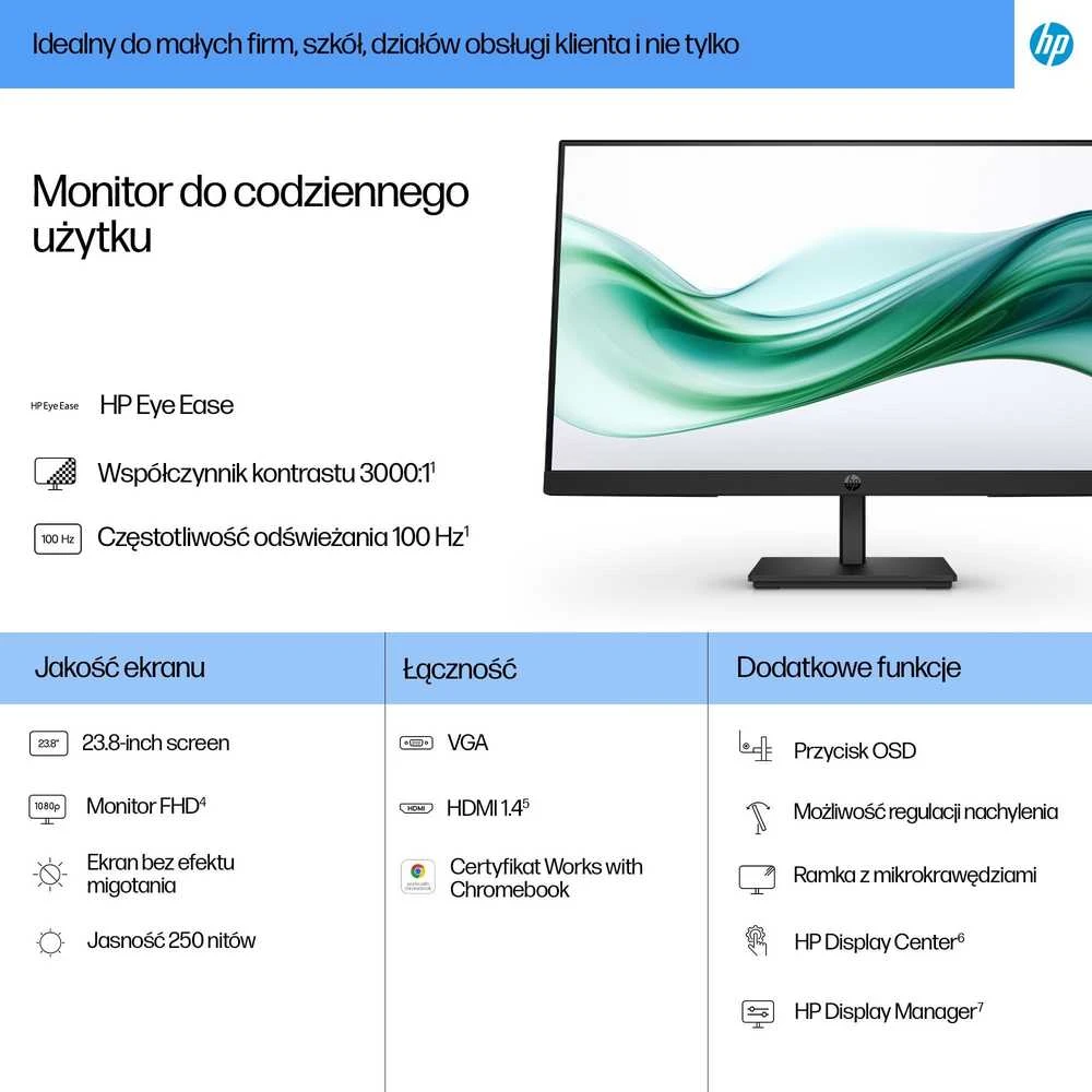 HP 324pv serijos 3 Pro FHD monitorius – 24 colių 1920x1080 FHD 250 nitų 100 Hz AG, VA, HDMI/VGA, pakreipimas, 3 metimai (pakeičia P24v)