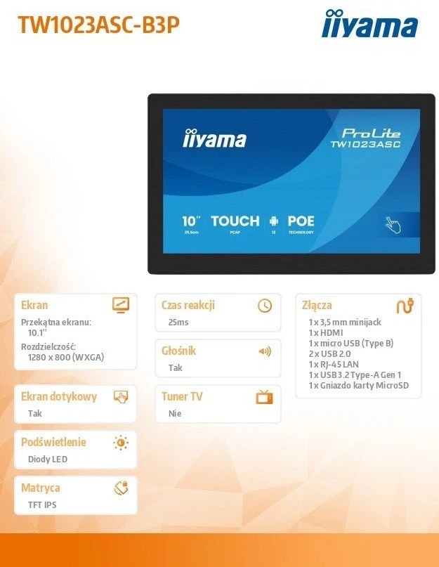 Monitorius „iiyama ProLite TW1023ASC-B3P“, 10,1 colio PCAP 10 taškų jutiklinis ekranas su „Android“, „iiSignage²“