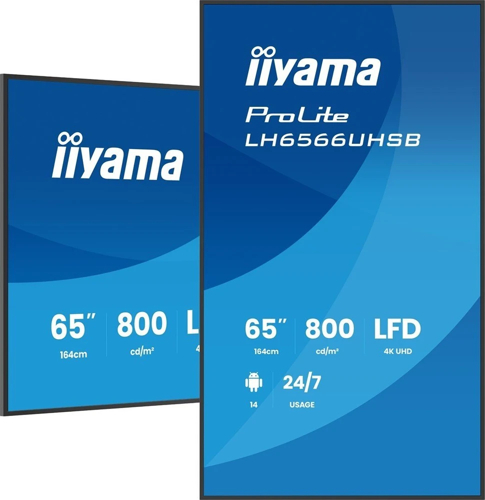 Monitorius iiyama LH6566UHSB-B1AG signage display – plokščias skaitmeninių reklamų ekranas, 165,1 cm (65"), LCD, Wi-Fi, 800 cd/m², 4K Ultra HD, juodas. Įmontuotas procesorius, Android, darbas 24/7.