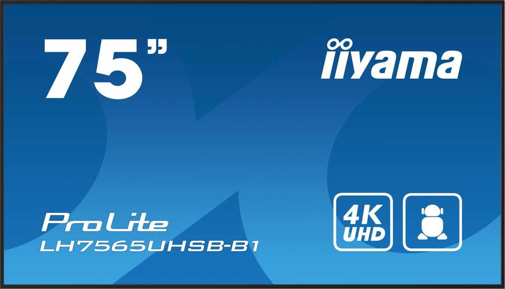 Monitorius Iiyama 75" 3840x2160, UHD IPS skydelis, miglotas 25%, 500 cd/m², signalo perjungimas, garsiakalbiai 2x10 W, keli įėjimai (DVI-I (VGA), HDMIx3), DP išvestis (MST / veidrodis / plytelės), USB 2 prievadas, USB 2, WiFi 2 „iiSignage2“, „E-Share“, „Android 11OS“.