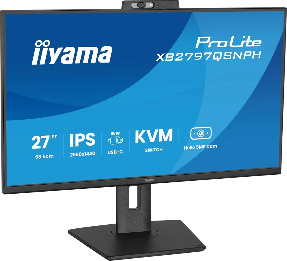 Monitorius IIYAMA XB2797QSNPH-B1 27 colių IPS QHD EyeComfort 15 cm reguliuojamo aukščio stovas USB-C doko LAN/96 W PD/DP-OUT interneto kamera 5 MP Windows Hello 1 ms
