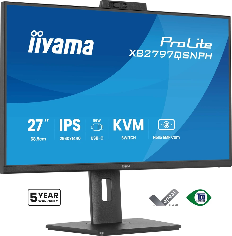 Monitorius IIYAMA XB2797QSNPH-B1 27 colių IPS QHD EyeComfort 15 cm reguliuojamo aukščio stovas USB-C doko LAN/96 W PD/DP-OUT interneto kamera 5 MP Windows Hello 1 ms