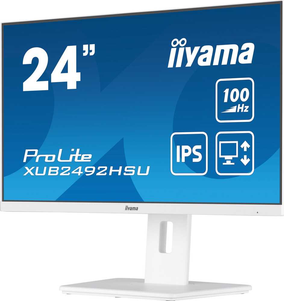 Monitorius Iiyama 24" Baltas ETE IPS skydelis, 1920x1080@100Hz, 15cm aukščio reguliavimo stovas, pasukamas, 250cd/m², garsiakalbiai, HDMI, DisplayPort, 0,4ms MPRT, FreeSync, USB-HUB 4x3.2 (23,8) VIS