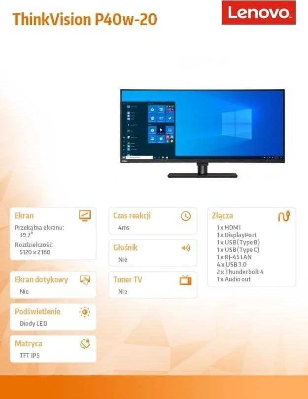 Monitorius Lenovo | ThinkVision | P40w-20 | 39.7 " | IPS | WUHD | 21:9 | 75 Hz | 4 ms | 5120 x 2160 | 300 cd/m² | HDMI jungtys quantity 1x HDMI2.0 | Juodas | Garantija 36 mėn.