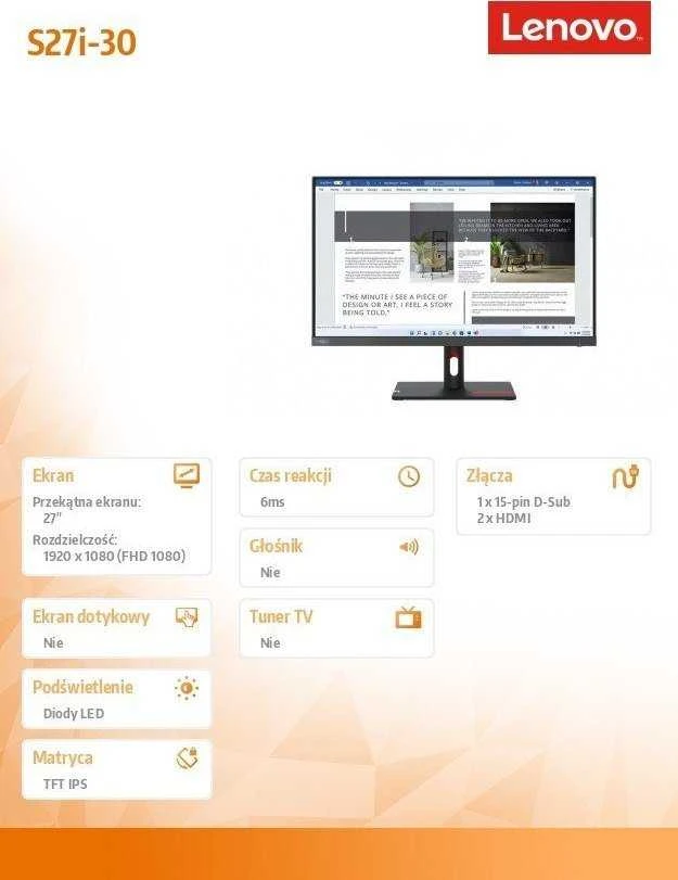 Monitorius Lenovo ThinkVision S27i-30 LED ekranas 68.6 cm (27") 1920 x 1080 pikselių Full HD Pilkas