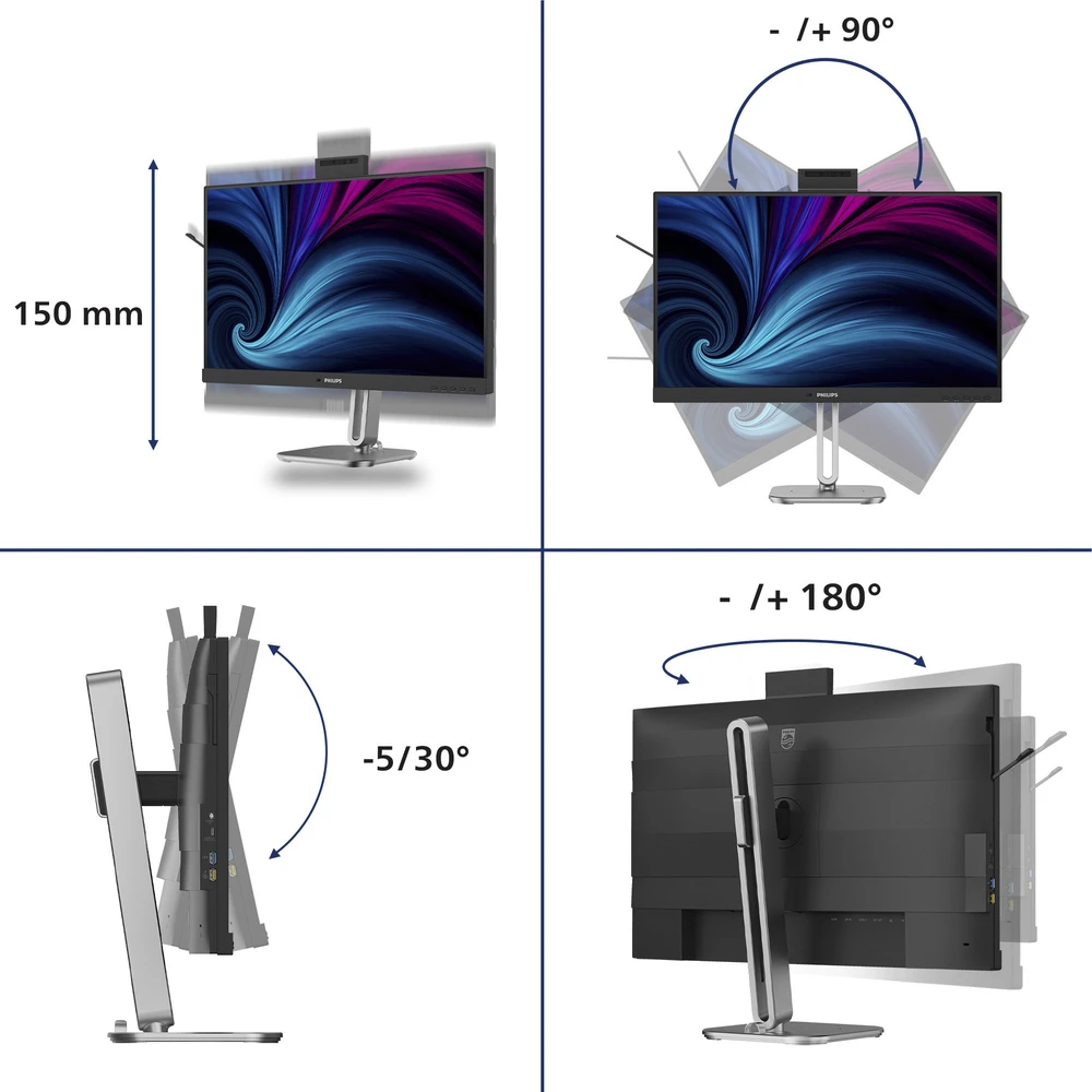 Monitorius „Philips MT 27“ 27B2U4601H – 2560x1440, IPS, 120 Hz, HDMI, DP, USB šakotuvas, USB-C, PD, RJ45, Repro, Pivot, internetinė kamera