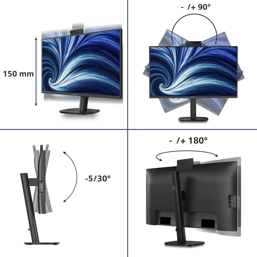 Monitorius „Mmd Monitors“ ekranai, „PHILIPS“, 27 colių, 2560 x 1440, 120 Hz, IPS, plokščias, H/A, 150 mm, USB-C, prijungimo stotelė, 90 W, grandinėlės jungimas su „27B2N3500J Smart Link Sync“.