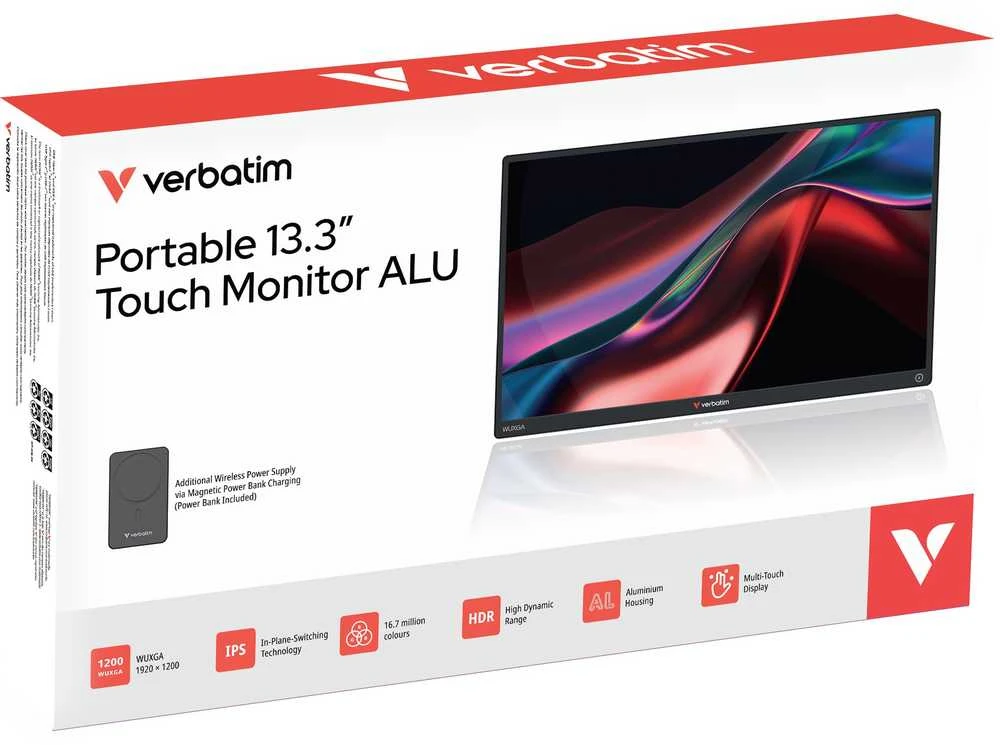 Verbatim Portable Jutiklinis ekranas Monitorius 13.3” ALU with 5000mAh Power Bank, Aliuminio Case, Juodas