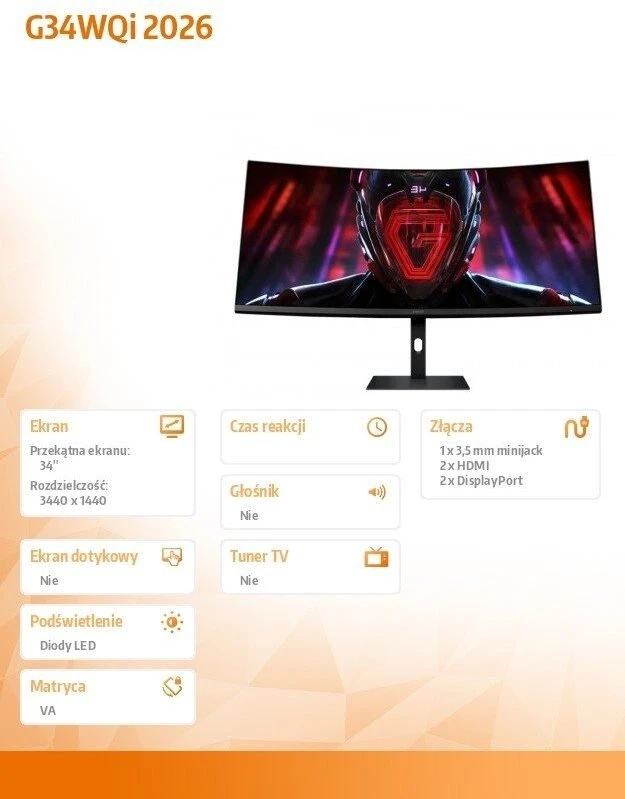 Xiaomi Curved Gaming Monitorius G34WQi 2026 | 34 " | VA | WQHD | 21:9 | 180 Hz | 1 ms | 3440 x 1440 pikselių | 400 cd/m² | HDMI jungtys quantity 2 | Juodas