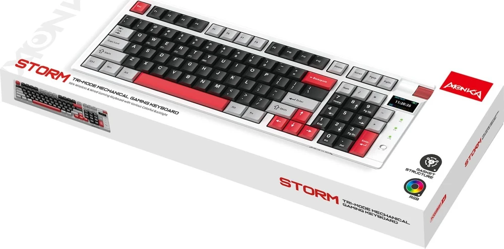 Belaidė mechaninė klaviatūra MarvoTech Monka Storm KG991W su RGB | US išdėstymas, Jixian Blue perjungikliai
