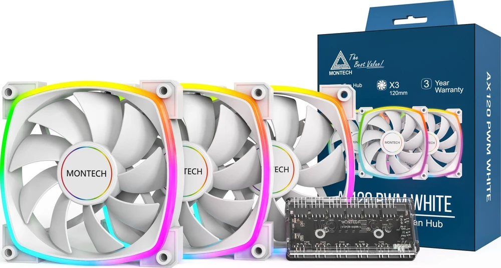 Montech AX120 PWM ARGB korpuso ventiliatorius, 3er Pack, baltos spalvos – 120mm