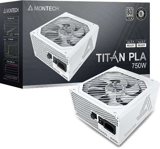 „Montech Titan PLA 750W“ – „80 PLUS“ ir „Cybenetics Platinum“, modulinis, PCIe 5.1 – 750 vatų, baltos spalvos