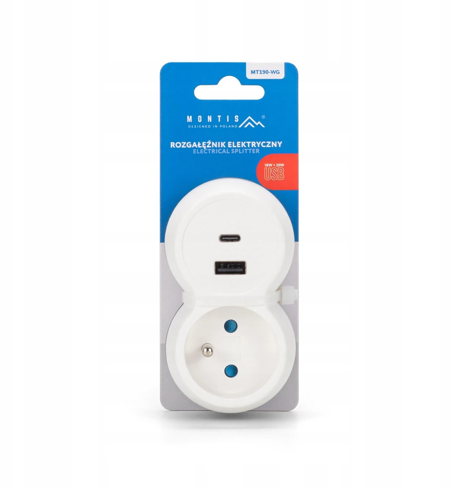 Montis 1 lizdo maitinimo skirstytuvas + USB-A + USB-C MT190-WG