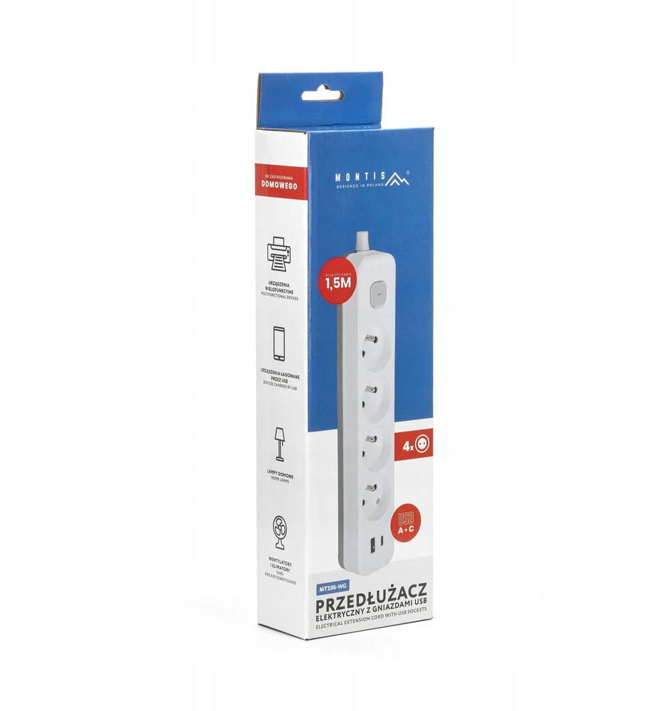 Montis Elektros ilgintuvas, baltai pilkas, 4 lizdų, su USB, 1,5 m MT186-WG-1,5