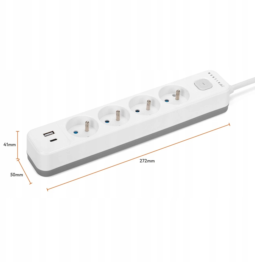 Montis Elektros ilgintuvas, baltai pilkas, 4 lizdų, su USB, 1,5 m MT186-WG-1,5