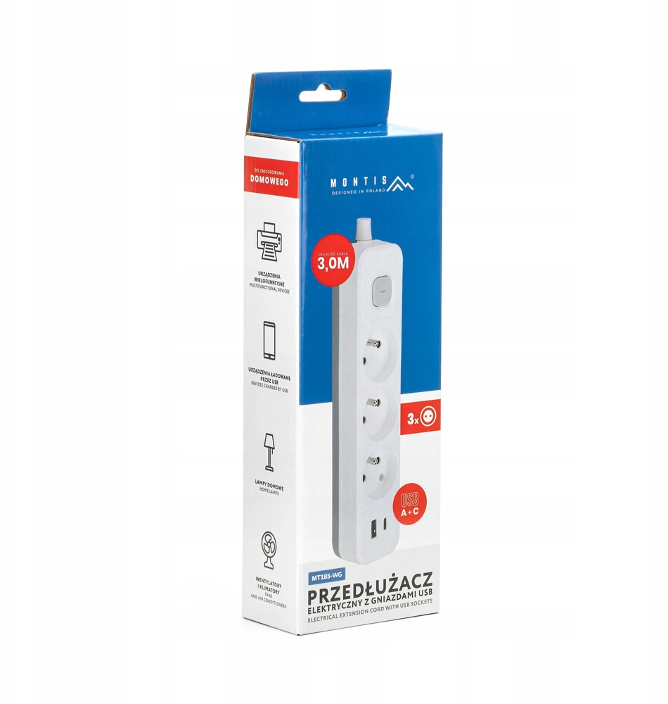 Montis Elektros ilgintuvas, baltas ir pilkas, 3 lizdų, su USB jungtimi, 3 m, MT185-WG-3