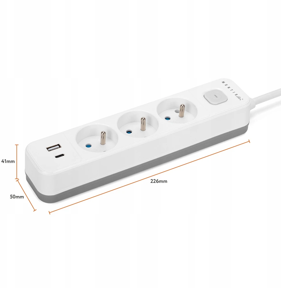 Montis Elektros ilgintuvas, baltas ir pilkas, 3 lizdų, su USB jungtimi, 3 m, MT185-WG-3