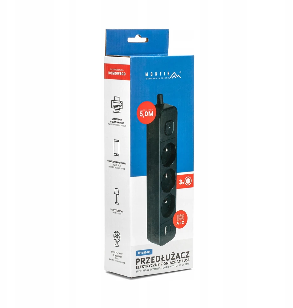 Montis Juodas 3 lizdų elektros ilgintuvas su USB jungtimi, 5 m, MT185-BK-5