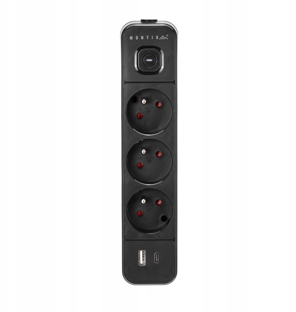 Montis Juodas 3 lizdų elektros ilgintuvas su USB jungtimi, 5 m, MT185-BK-5