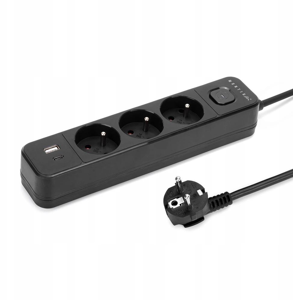 Montis Juodas 3 lizdų elektros ilgintuvas su USB jungtimi, 5 m, MT185-BK-5