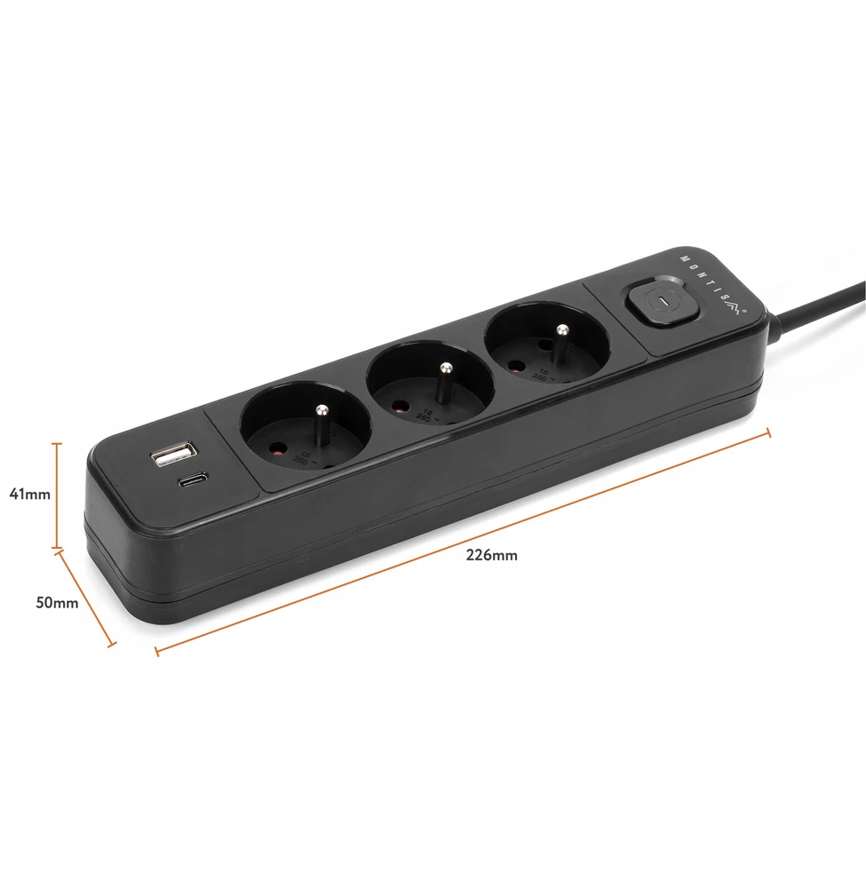Montis Juodas 3 lizdų elektros ilgintuvas su USB jungtimi, 5 m, MT185-BK-5