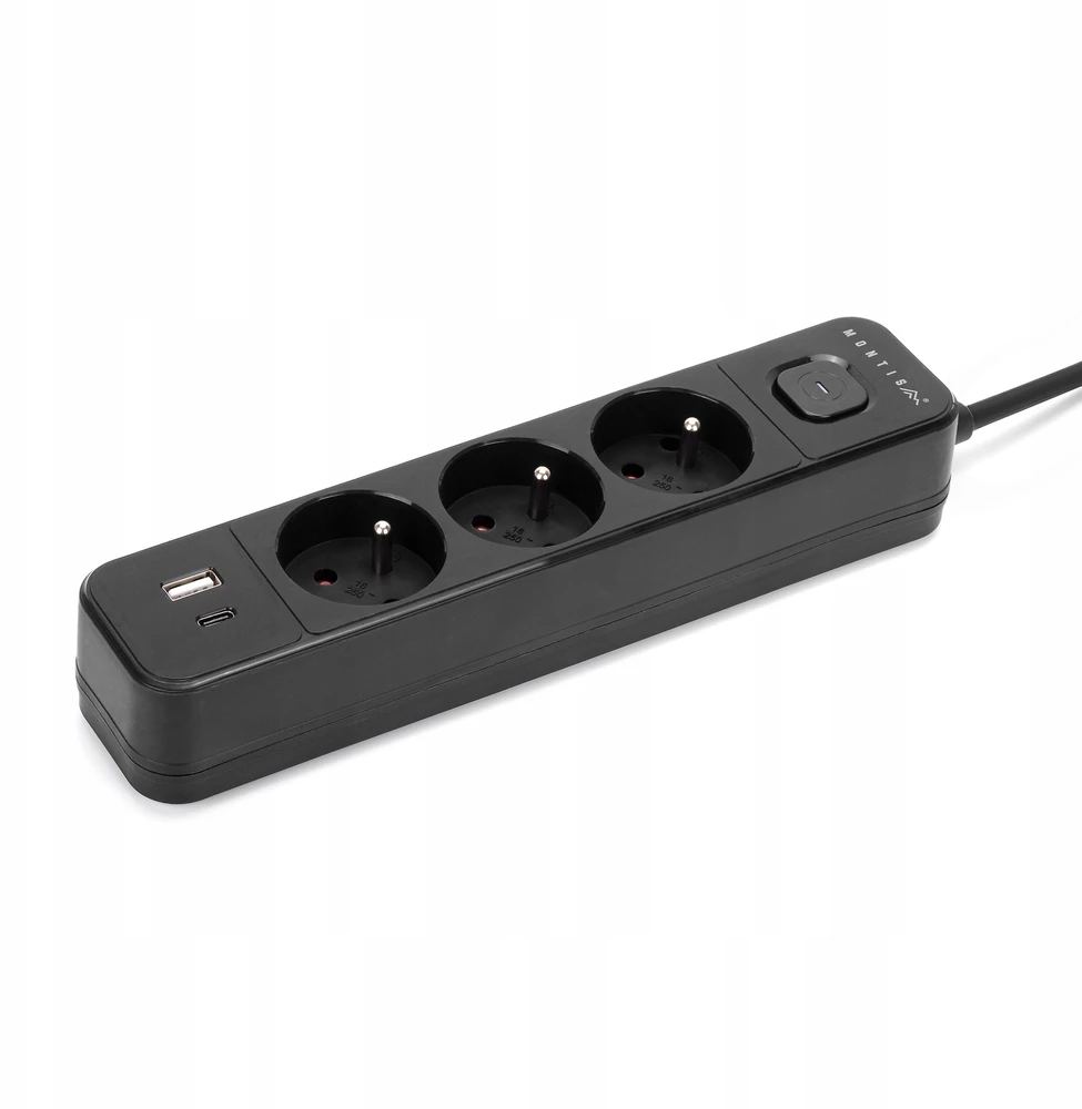 Montis Juodas 3 lizdų elektros ilgintuvas su USB jungtimi, 5 m, MT185-BK-5