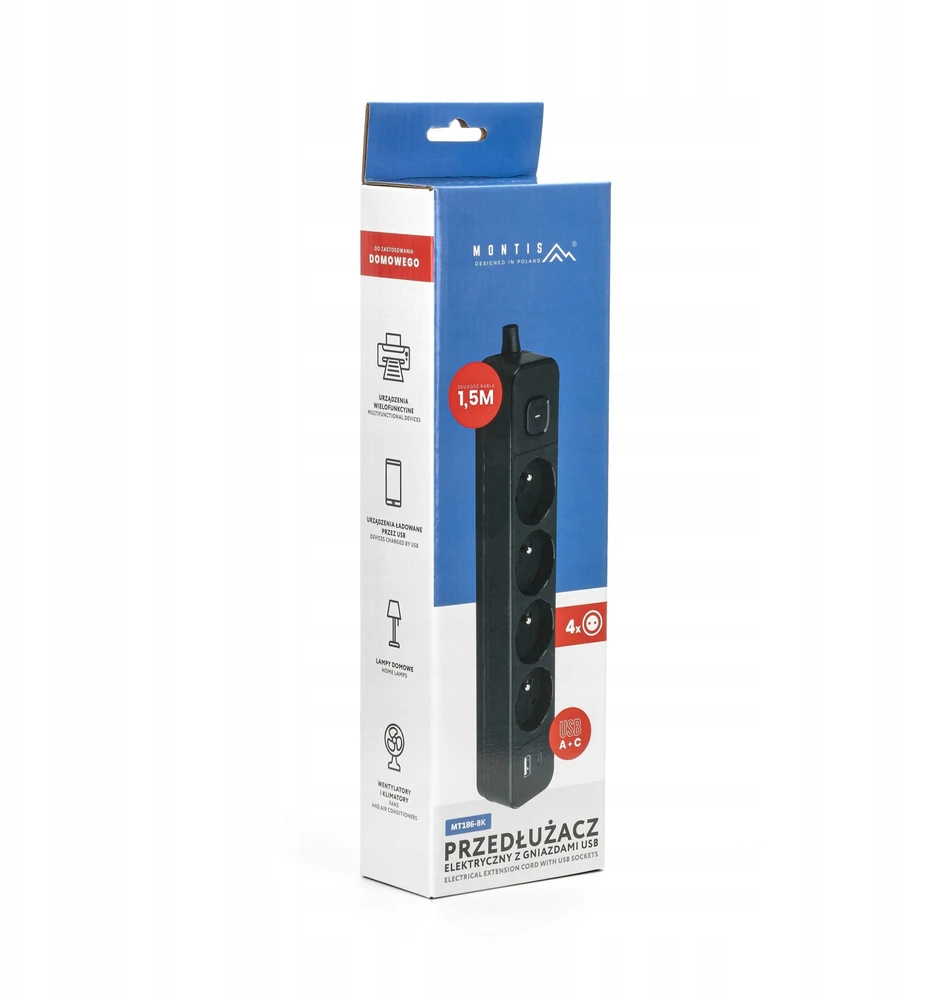 Montis Juodas 4 lizdų elektros ilgintuvas su USB 1,5 m MT186-BK-1,5