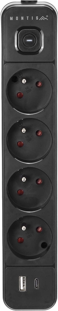 Montis Juodas 4 lizdų elektros ilgintuvas su USB 5 m MT186-BK-5