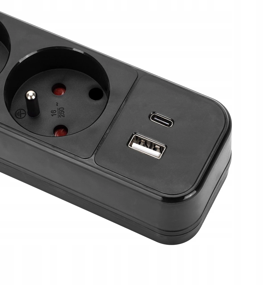 Montis Juodas 4 lizdų elektros ilgintuvas su USB 1,5 m MT186-BK-1,5