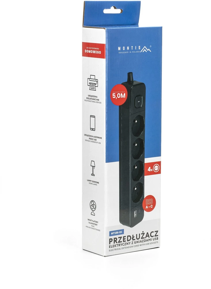 Montis Juodas 4 lizdų elektros ilgintuvas su USB 5 m MT186-BK-5
